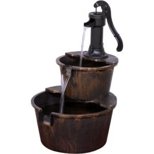 Outdoor Floor Rustic 2-Tiered Barrel and Pump Water Fountain, 27