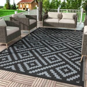 Outdoor Rug for Patio Clearance, Reversible Plastic Camping Rugs, 5'x8', Black & Gray