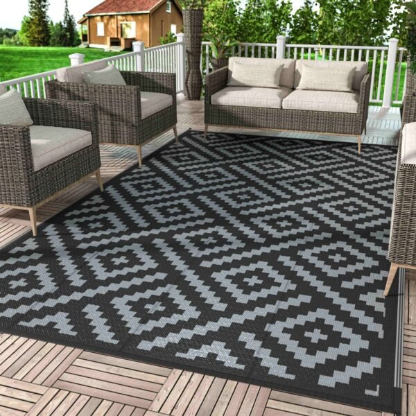 Outdoor Rug for Patio Clearance, Reversible Plastic Camping Rugs, 5'x8', Black & Gray